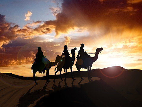 The Three Wise Men travel through the desert on their journey to the birth of Christ