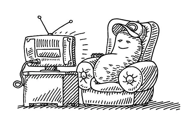 Vector illustration of Lazy Couch Potato Cartoon Watching TV Drawing