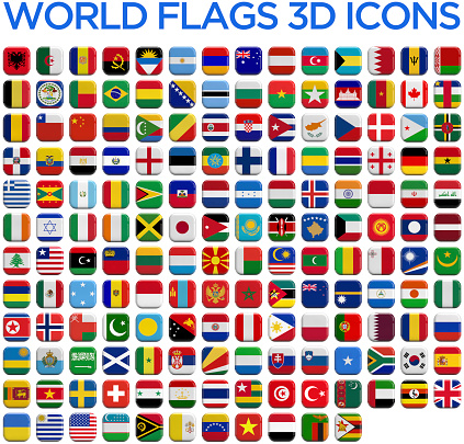 World country flags 3D and isolated square icons.