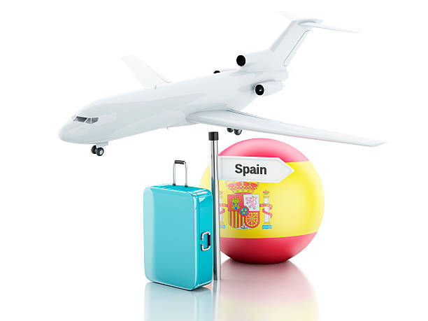 istock Travel concept. Suitcase, plane and spain flag icon. 3d illustra 526594127