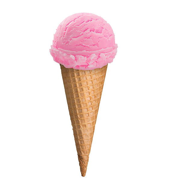 strawberry ice cream scoop in waffle cone with clipping path. pink icecream cone isolated on white background. handful stock pictures, royalty-free photos & images