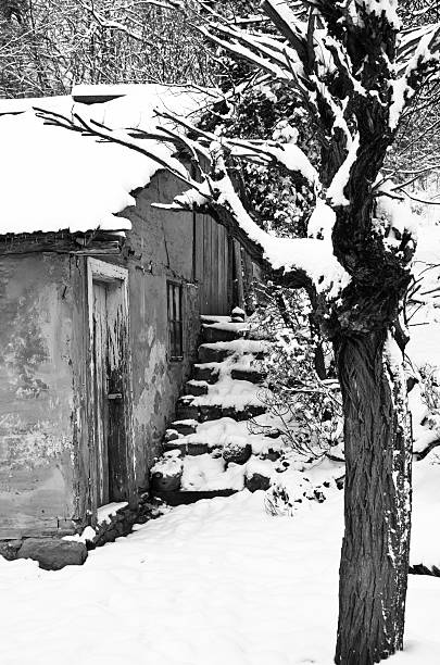 istock Old house in forest, covered with snow during winter 526597459