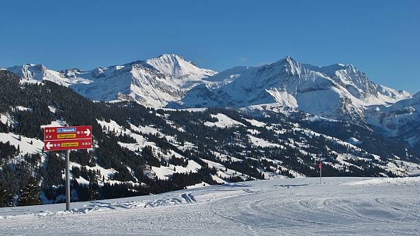 vista do eggli área de esqui - bernese oberland gstaad winter snow imagens e fotografias de stock