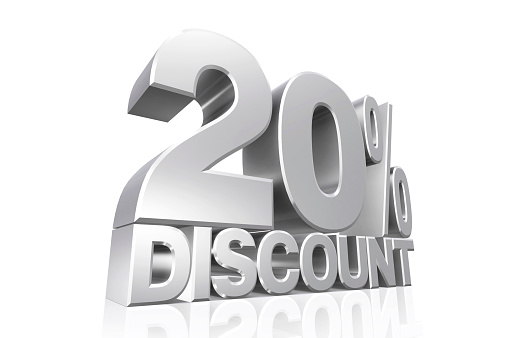 3D render silver text 20 percent discount on white background with reflection.