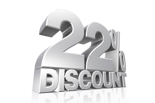 3D render silver text 22 percent discount on white background with reflection.