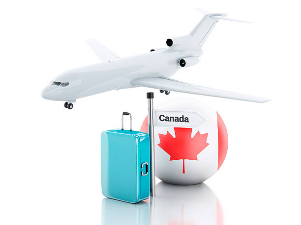 istock Travel concept. Suitcase, plane and canada flag icon. 3d illustr 526634527
