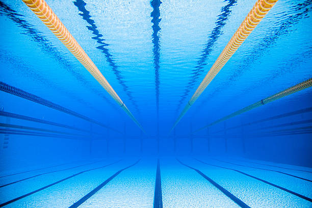 Empty 50m Olympic Outdoor Pool From Underwater Empty 50m Olympic Outdoor Pool and Dividing lines from Underwater competition group stock pictures, royalty-free photos & images