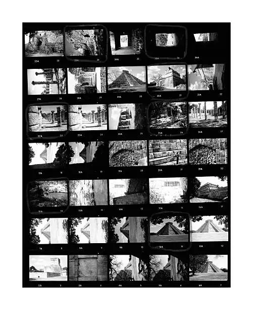 Contact sheet of old black and white film negatives on traditional photo paper