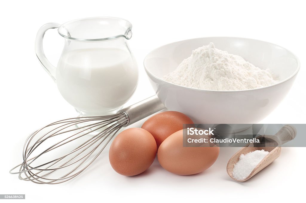 eggs, flour and milk eggs, flour, milk, sugar and wire whisk Ingredient Stock Photo