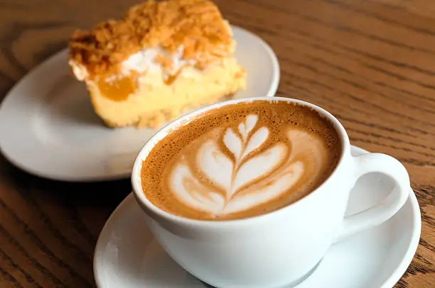 Photo of cappuccino cup with cake