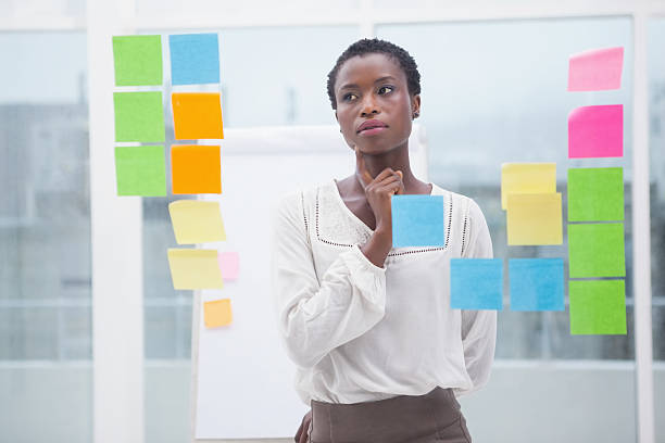 istock Creative businesswoman looking at sticky notes on window 526639941