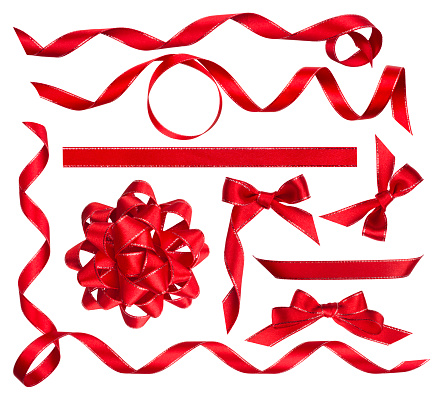 Various red bows, knots and ribbons isolated on white
