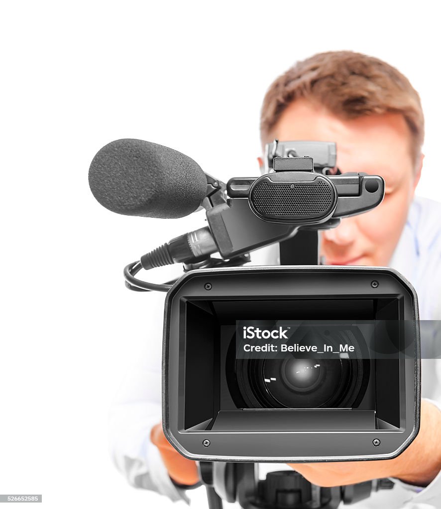 Video operator Video camera operator isolated on white background Adult Stock Photo