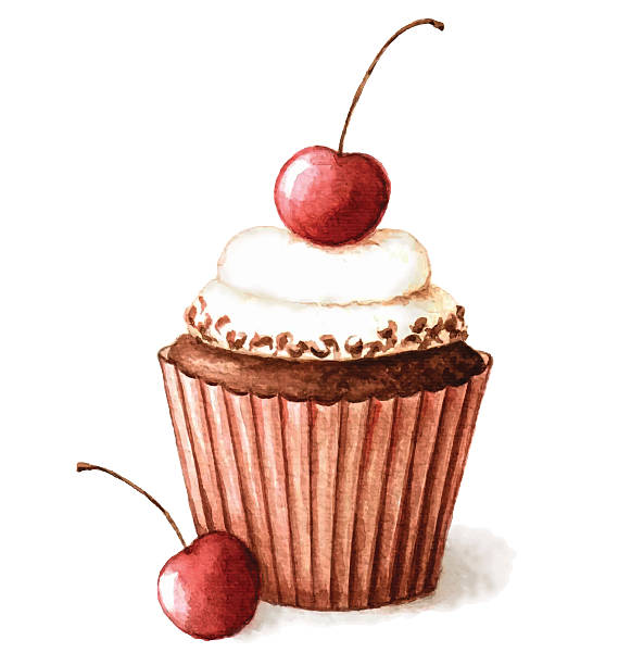aquarell cherry muffin - bread baked illustration and painting vector stock-grafiken, -clipart, -cartoons und -symbole
