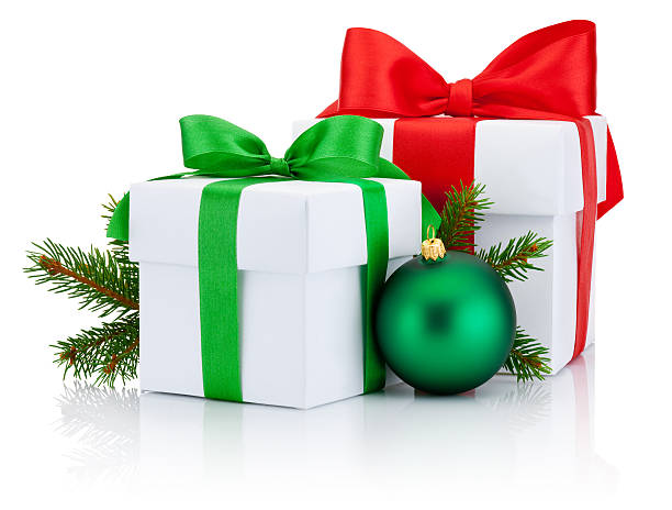 two boxs tied ribbons bow, pine branch and christmas ball - julklappar bildbanksfoton och bilder