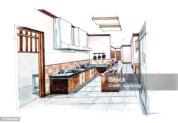Kitchen Room For Restaurant Design Of Watercolor Painting Stock Illustration - Download Image Now