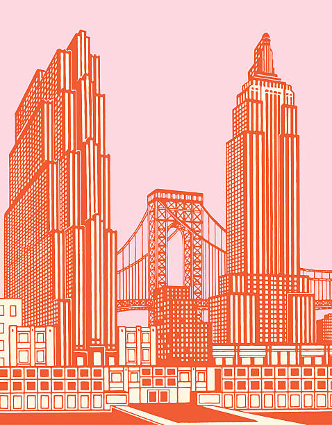 ilustrações, clipart, desenhos animados e ícones de paisagem urbana com bridge - pink background ilustrações