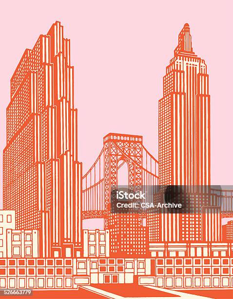 Cityscape With Bridge Stock Illustration - Download Image Now - New York City, Retro Style, Line Art