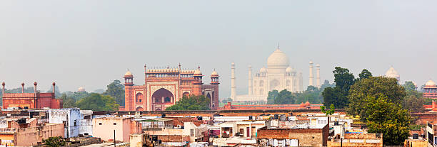istock Panorama of Taj Mahal view over Agra roofs 526664451