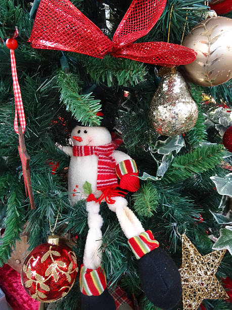 istock Artificial Christmas tree, gold / silver / decorations, ivy, ribbons, snowman, baubles 526664997