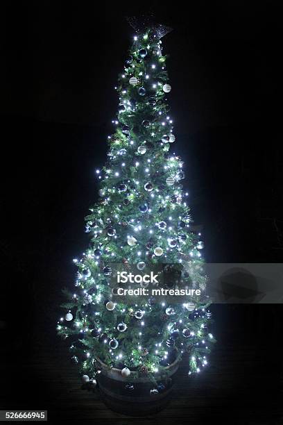 Image Of Christmas Tree At Night White Led Fairy Lights Stock Photo - Download Image Now