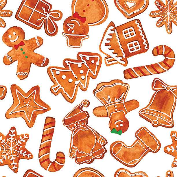 illustrazioni stock, clip art, cartoni animati e icone di tendenza di seamless pattern di acquerello biscotti pan di zenzero - vector illustration and painting backgrounds sock