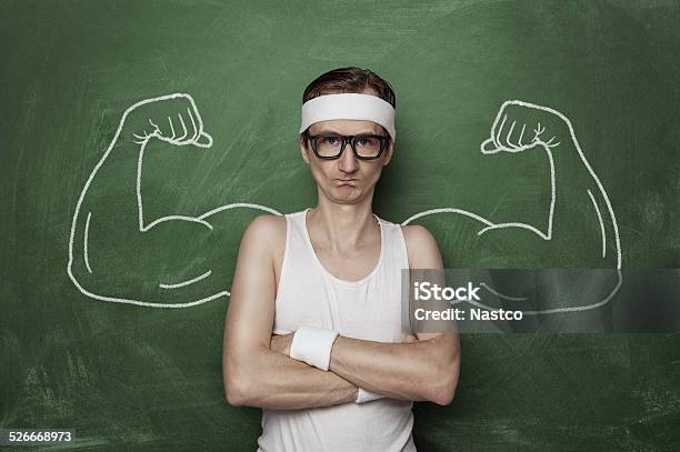 Funny Sport Nerd Stock Photo - Download Image Now - Muscular Build, Strength, Weakness