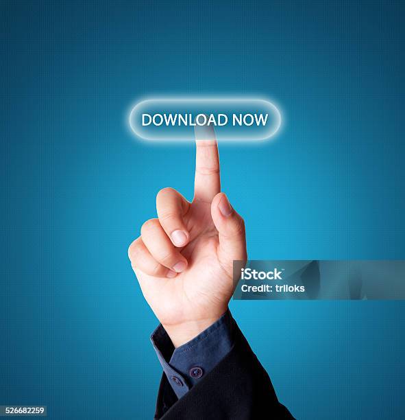 Finger Pressing Download Button On A Touch Screen Interface Stock Photo - Download Image Now