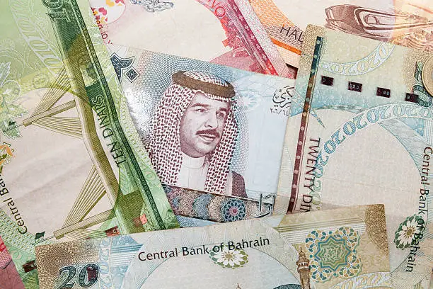 Modern Bahrain dinars banknotes, close up background