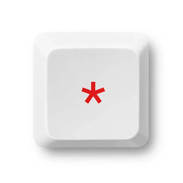 Asterisk red symbol on a white computer key isolated on white. Key's clipping path included. The red color of the asterisk sign can be easily modified in photoshop by moving the Hue/Saturation slider without affecting the rest of the image. 