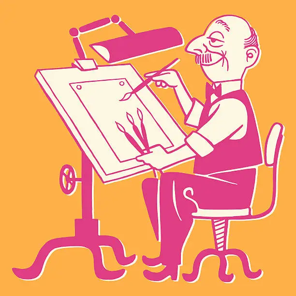 Vector illustration of Man Working at Drafting Table