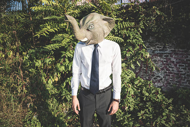 istock elephant mask young handsome elegant blonde model man 526688671