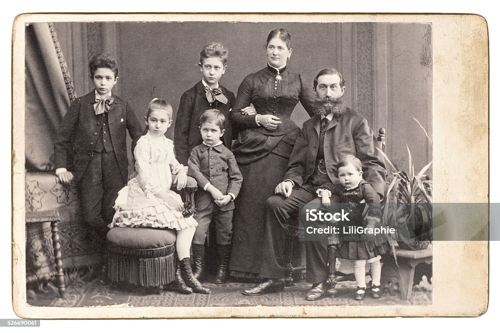 old family photo. parents with five children old family photo. parents with five children. nostalgic vintage picture. Wien 1885 Photographic Print Stock Photo