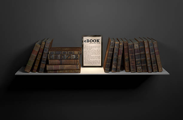 tablet/e livros na estante entre antigos livros. - book book spine in a row library imagens e fotografias de stock
