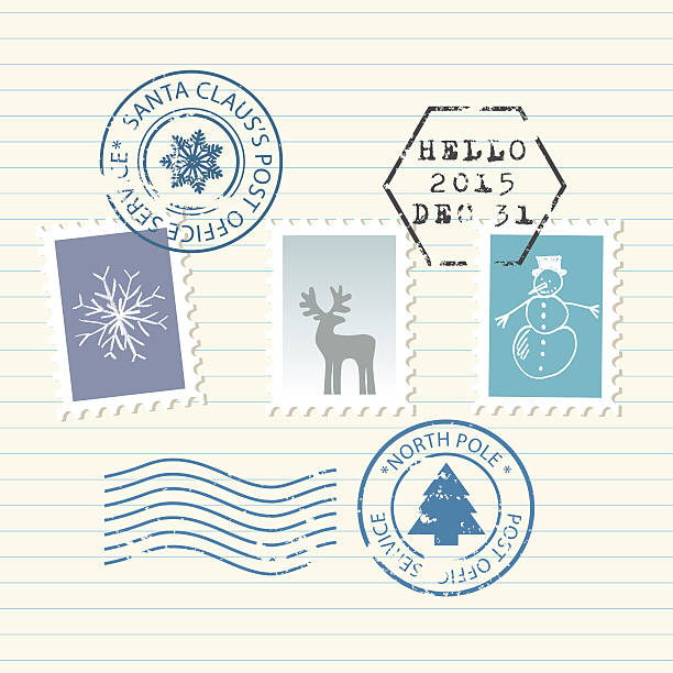 ilustraciones, imágenes clip art, dibujos animados e iconos de stock de navidad y año nuevo conjunto de sellos postales - christmas santa claus north pole snow