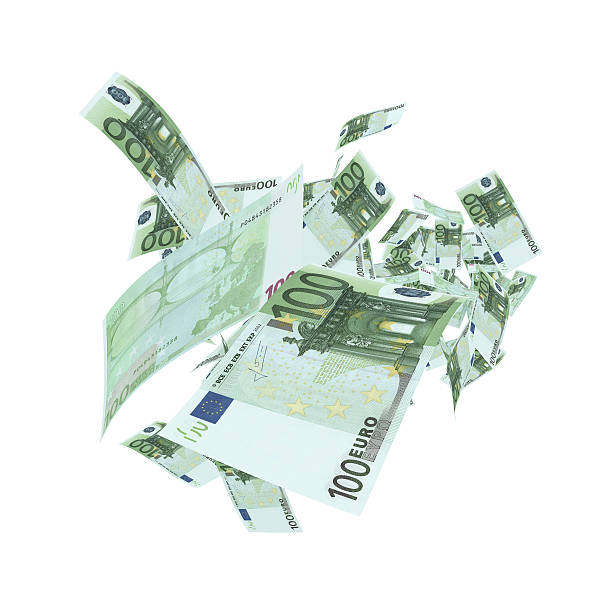 Falling 100 Euro Banknotes - Clipping Path Falling 100 Euro Banknotes - Clipping Path Isolated White Background european union euro note stock pictures, royalty-free photos & images