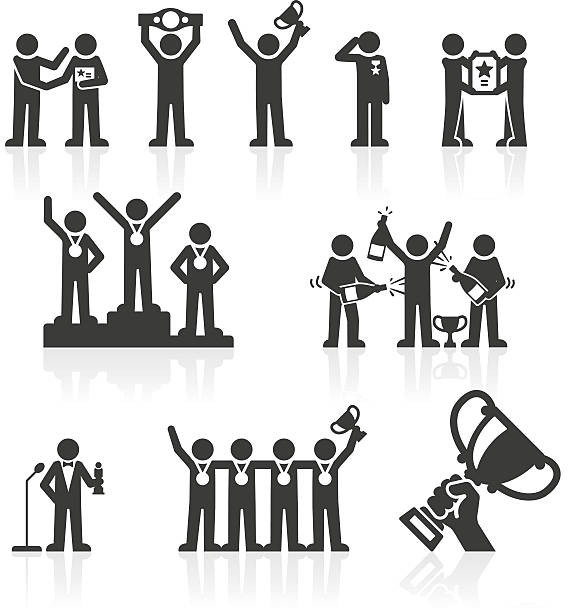 수상자 &  어워드란 stickmen 아이콘 - silhouette trophy sport success stock illustrations