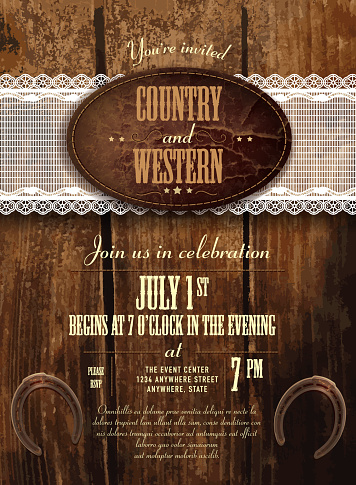Leather and wood country and western invitation design template, Includes wooden background, leather label, lace and horseshoes. Sample text design. Easy layers for customizing.