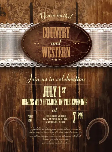 Vector illustration of Leather, wood and lace country and western invitation vertical composition