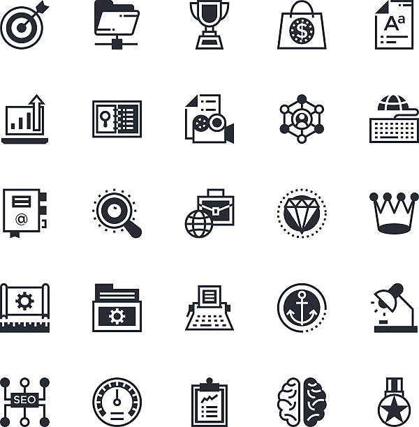 SEO and Marketing Colored Vector Icons 6 Here is useful and trendy SEO and marketing, Hope you can find a great use for them in seo, web development, web ranking, banking, and statistics visuals. creative process and business. gold desk lamp stock illustrations
