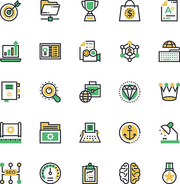 SEO and Marketing Colored Vector Icons 6 Here is useful and trendy SEO and marketing, Hope you can find a great use for them in seo, web development, web ranking, banking, and statistics visuals. creative process and business. gold desk lamp stock illustrations