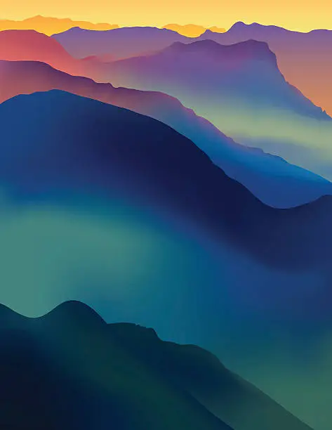 Vector illustration of Landscape with colorful mountains at sunset or dawn.