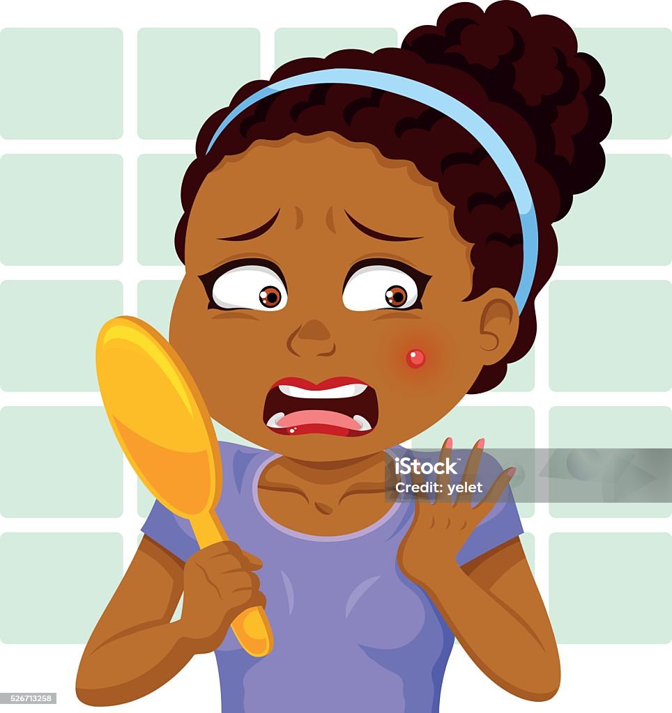 getting a pimple African girl stresses out because of a pimple Acne stock vector