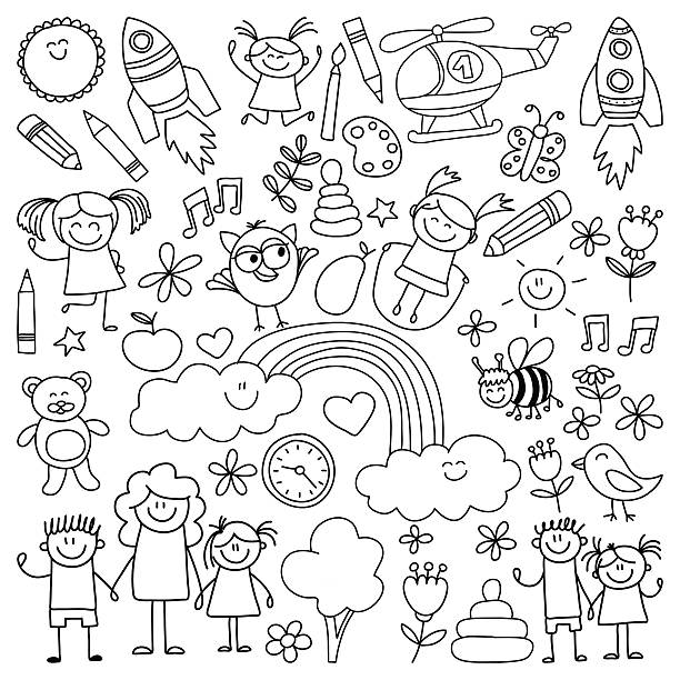 illustrations, cliparts, dessins animés et icônes de vecteur de groupe de crèche images - childs drawing child preschool crayon
