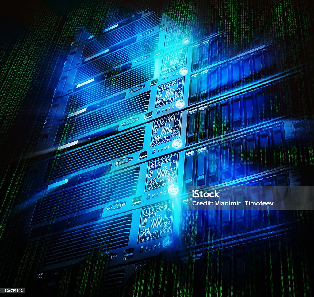 blade storage supercomputer of data center with splash glowing thread cables in the disk storage supercomputer data center Aggression Stock Photo