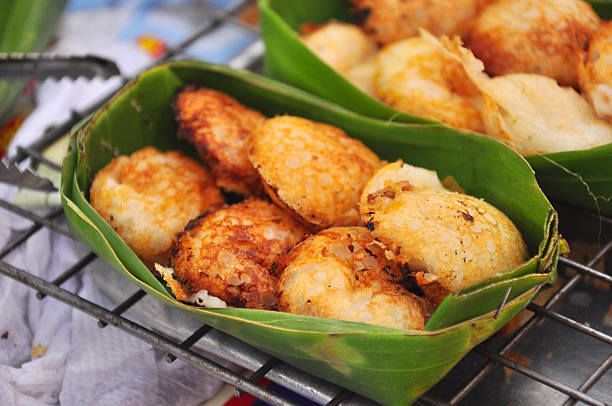 Kanom Krok , Dessert Thai. Thai coconut pudding on banana leave