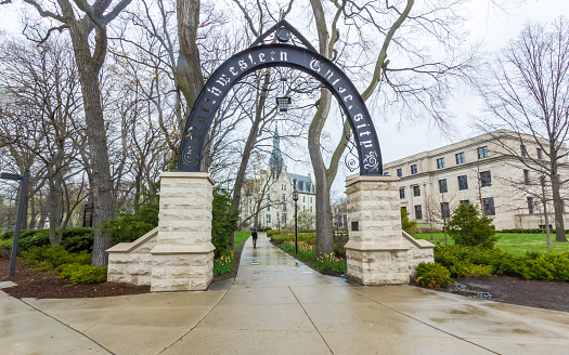Evanston, Illinois, USA - April 30, 2016: Weber Arch and University Hall at Northwestern University in Evanston, Illinois.