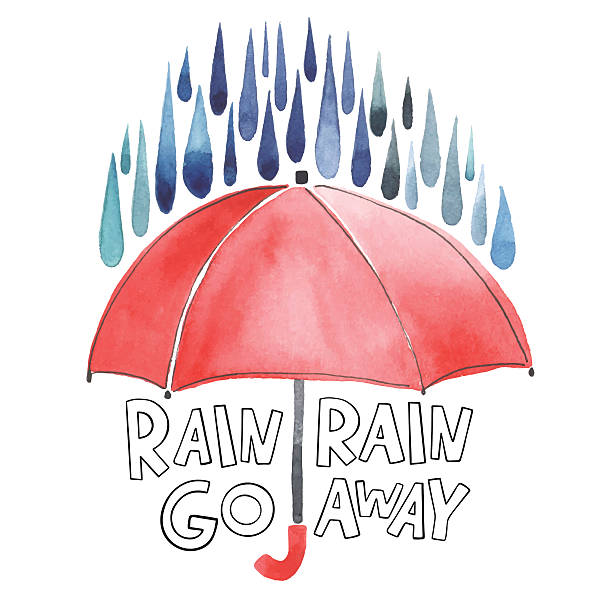 Watercolor red umbrella under rain. Stylized blue grey drops. Lettering with words Rain-rain go away. Original watercolor illustration.