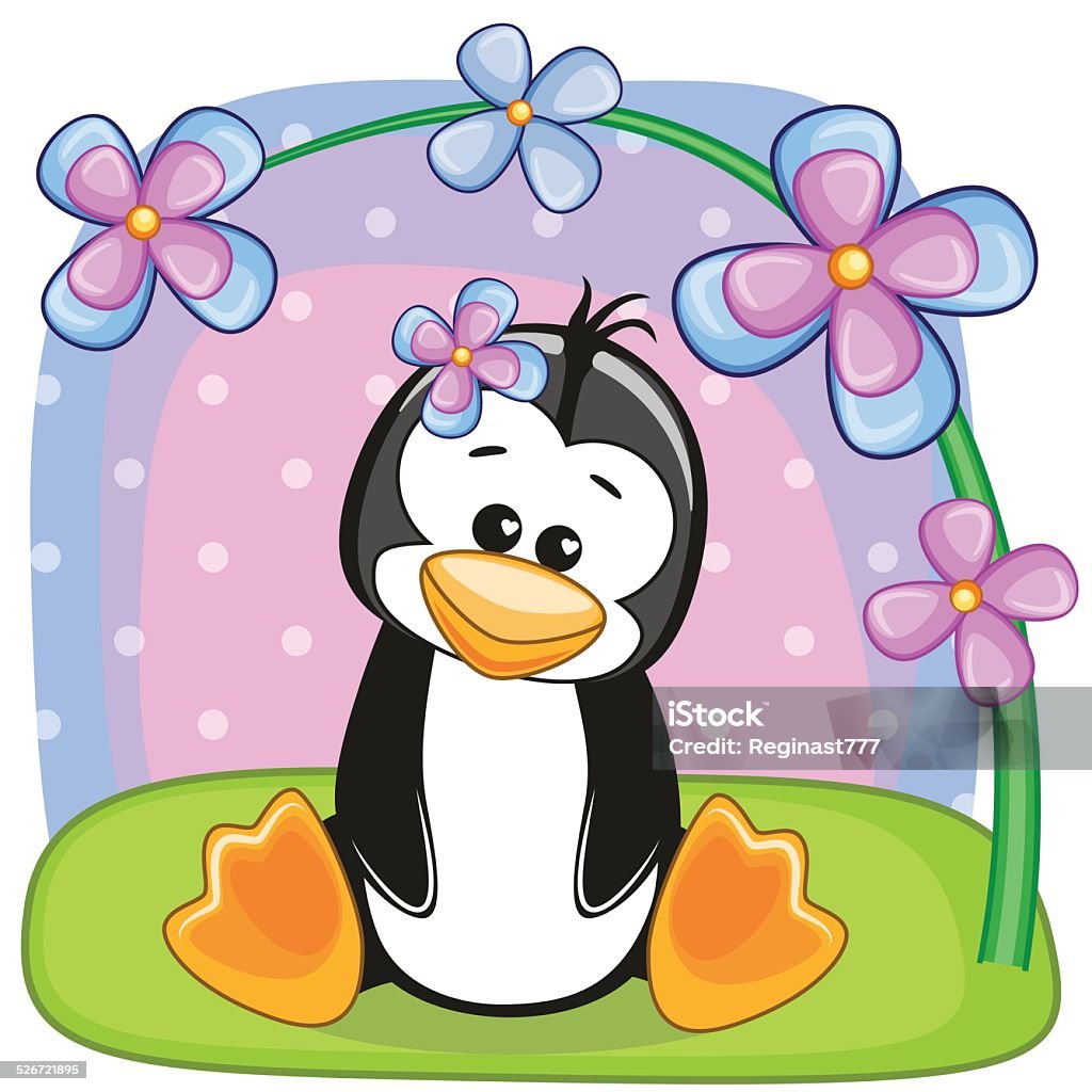 Penguin with flowers Greeting card Penguin with flowers Adult stock vector