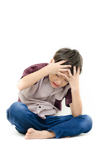 istock Little boy with headache on white background 526722253